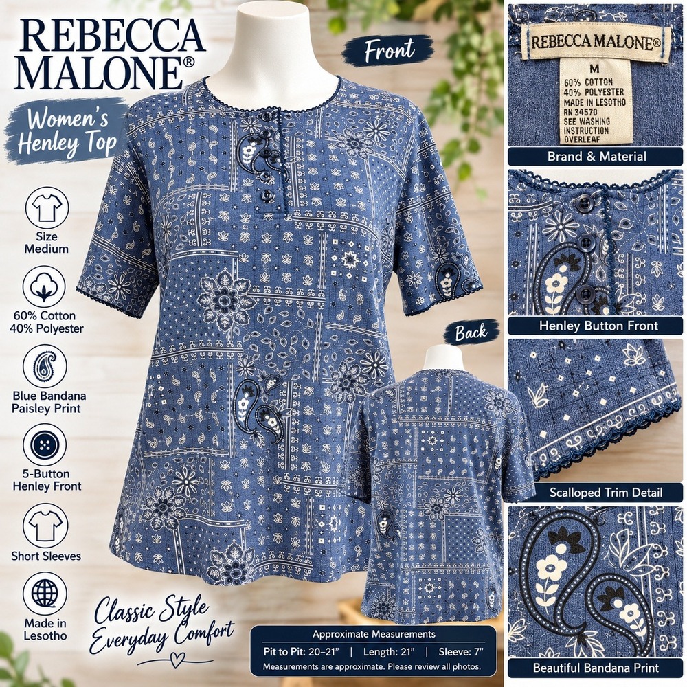 Rebecca Malone Blue Bandana Paisley Henley Top Short Sleeve Scallop Trim Medium